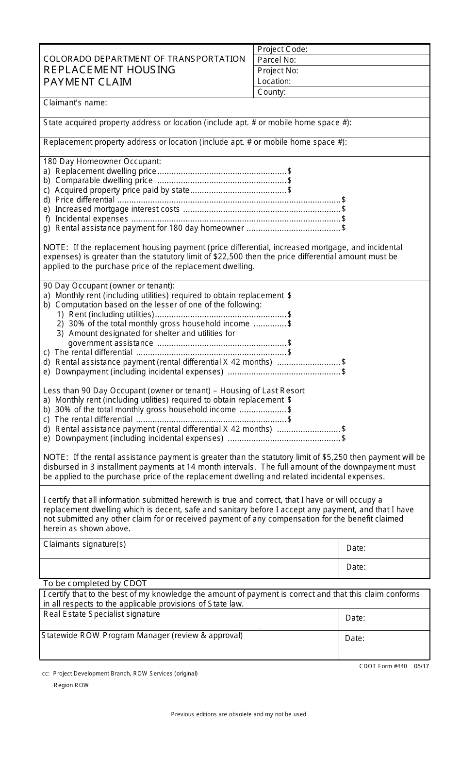 CDOT Form 440 Replacement Housing Payment Claim - Colorado, Page 1