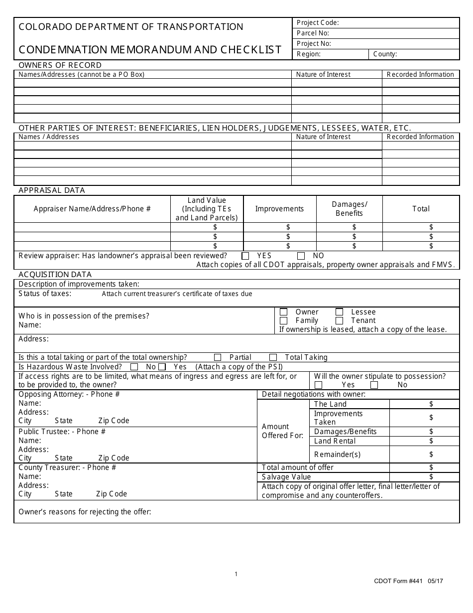 CDOT Form 441 Condemnation Memorandum and Checklist - Colorado, Page 1