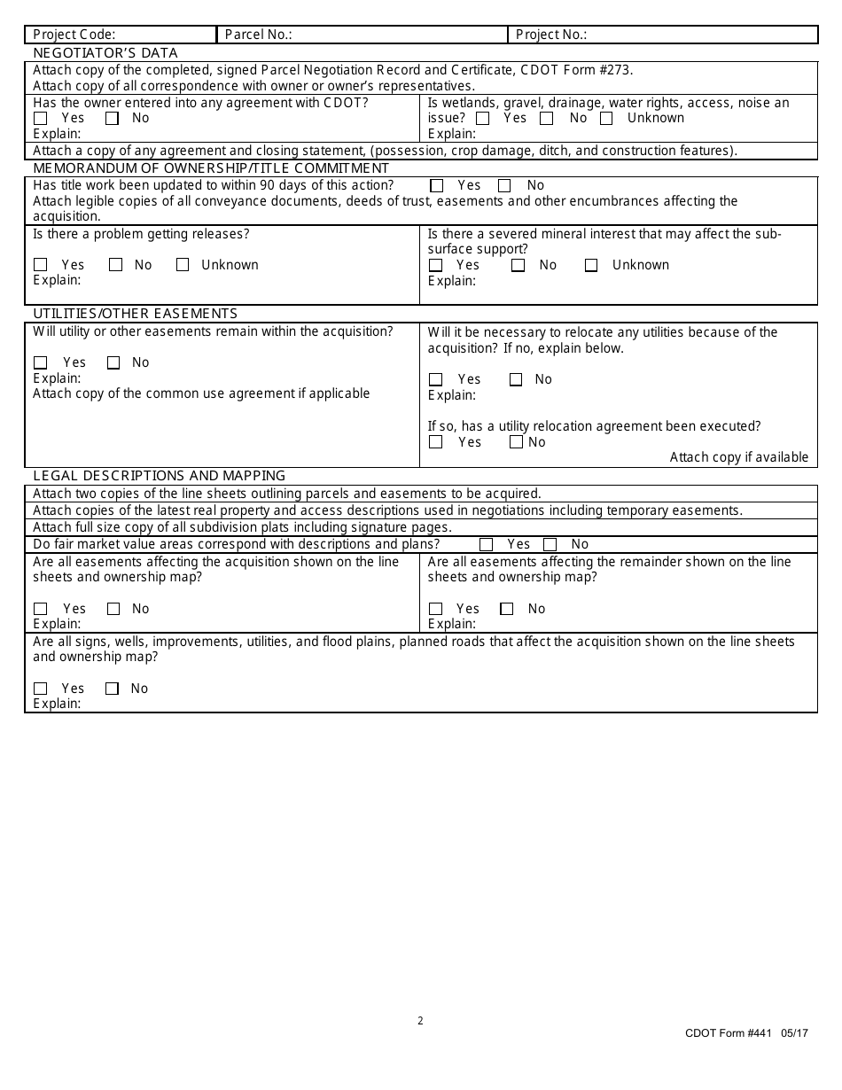 CDOT Form 441 Condemnation Memorandum and Checklist - Colorado, Page 2