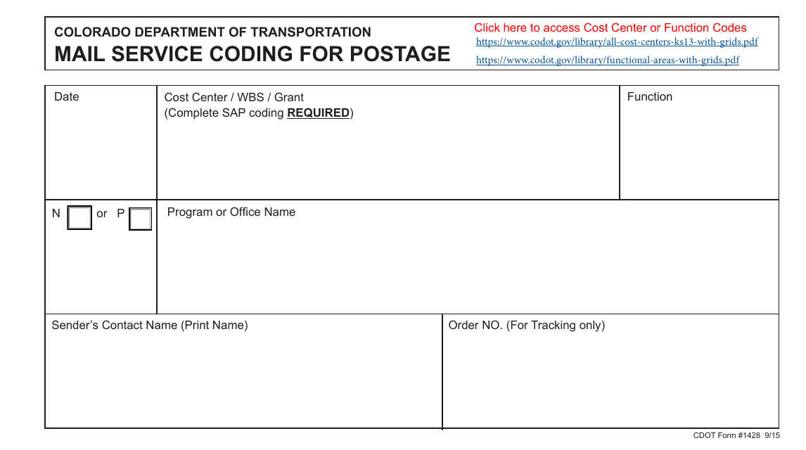 CDOT Form 1428 Mail Service Coding for Postage - Colorado