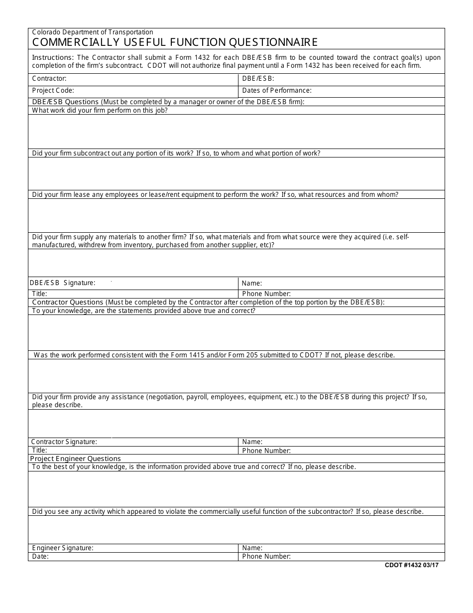 CDOT Form 1432 Commercially Useful Function Questionnaire - Colorado, Page 1