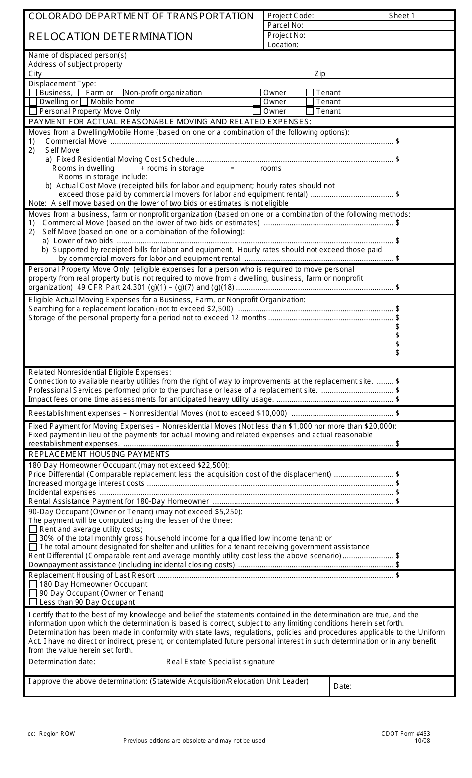 CDOT Form 453 Relocation Determination - Colorado, Page 1