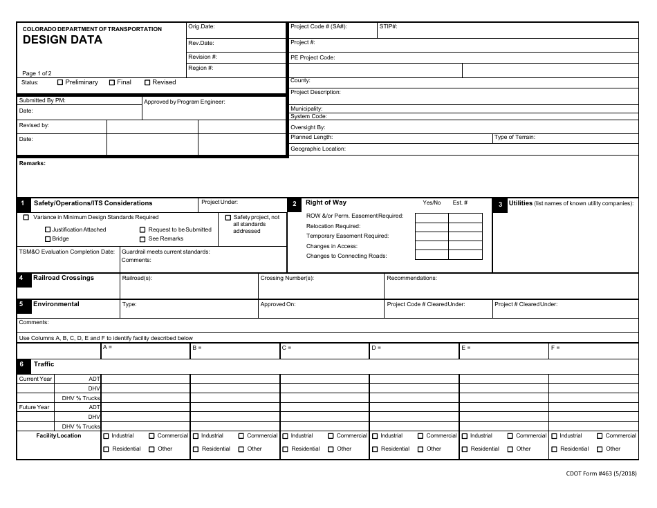 CDOT Form 463 Design Data - Colorado, Page 1