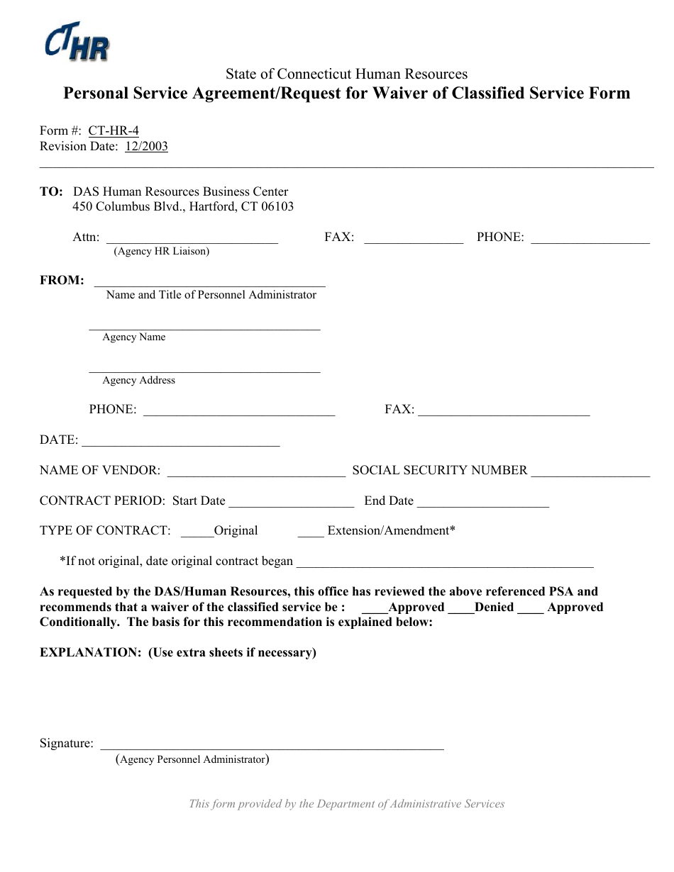 Form CT-HR-4 Personal Service Agreement / Request for Waiver of Classified Service Form - Connecticut, Page 1