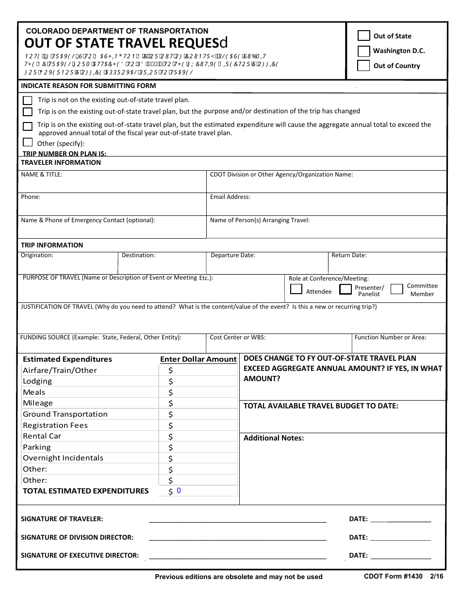 CDOT Form 1430 Out of State Travel Reques - Colorado, Page 1