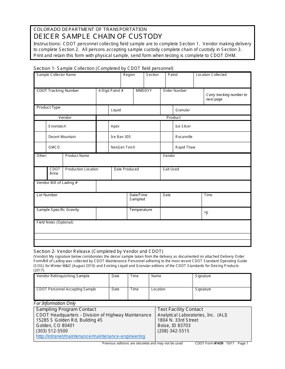 CDOT Form 1439 Deicer Sample Chain of Custody - Colorado, Page 1