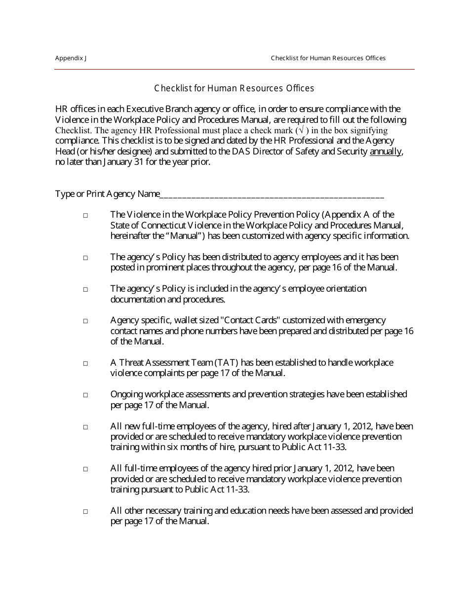 Workplace Violence Checklist for Human Resources Professionals - Connecticut, Page 1