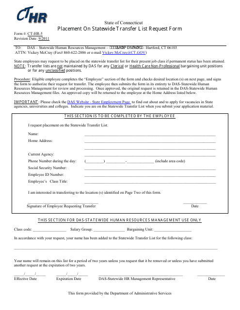 Form CT-HR-5 Placement on Statewide Transfer List Request Form - Connecticut