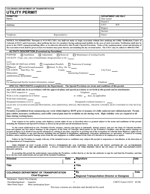 CDOT Form 0333 Utility Permit - Colorado