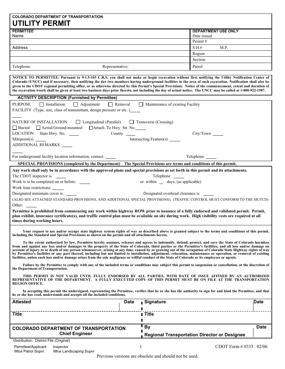 CDOT Form 0333 Utility Permit - Colorado, Page 1