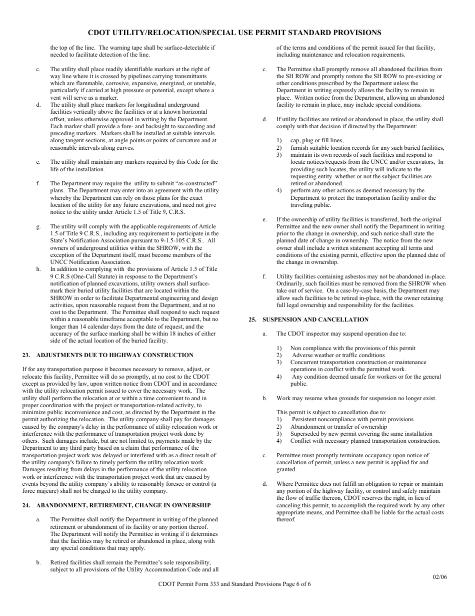 CDOT Form 0333 Download Printable PDF or Fill Online Utility Permit