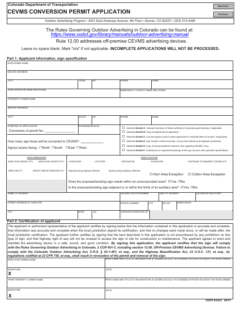 CDOT Form 1433  Printable Pdf