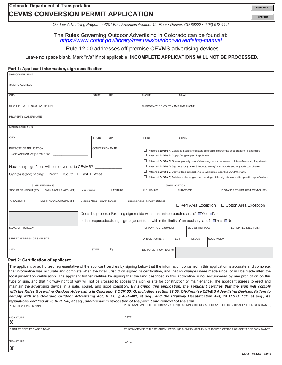 CDOT Form 1433 Cevms Conversion Permit Application - Colorado, Page 1