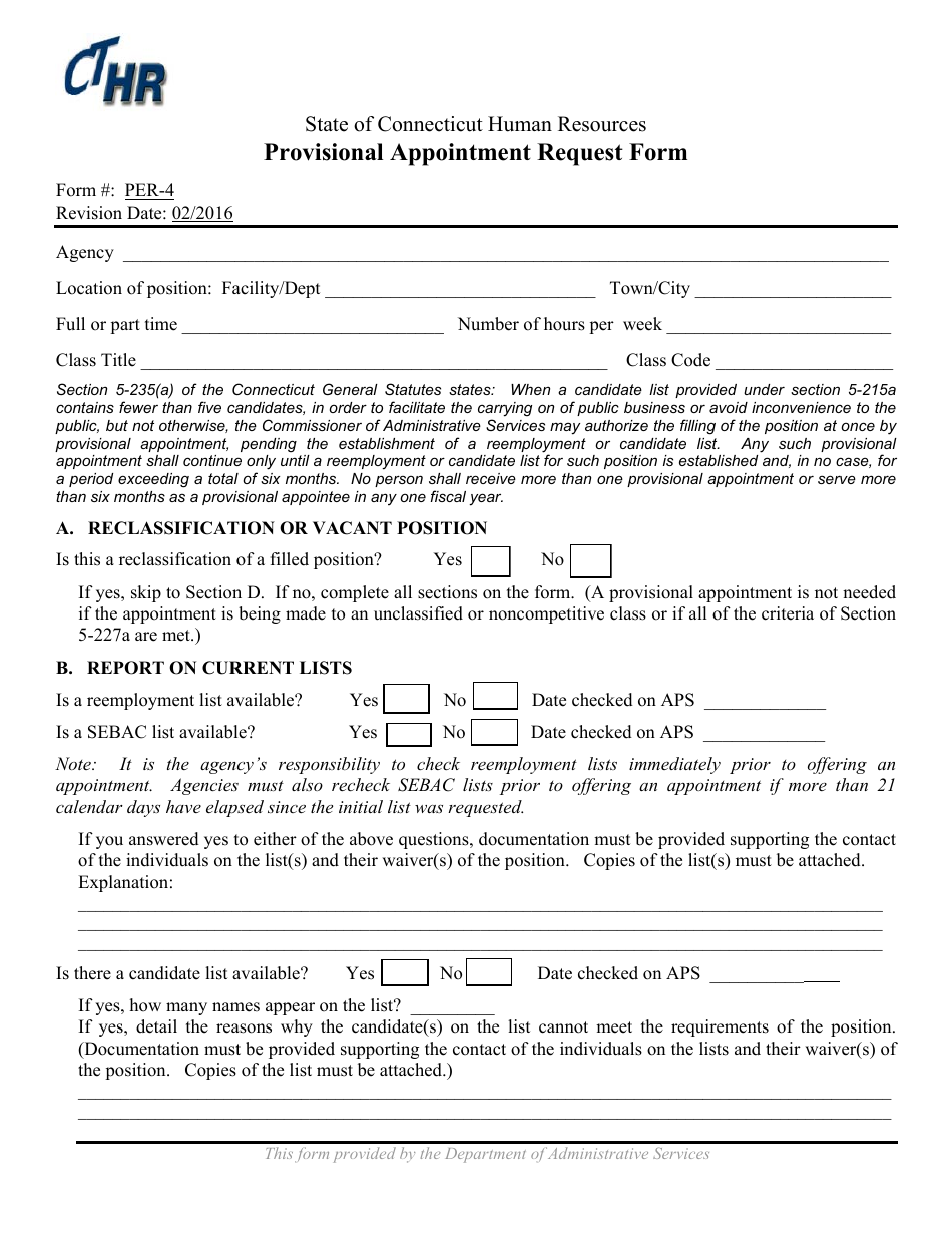 Form PER-4 Provisional Appointment Request Form - Connecticut, Page 1