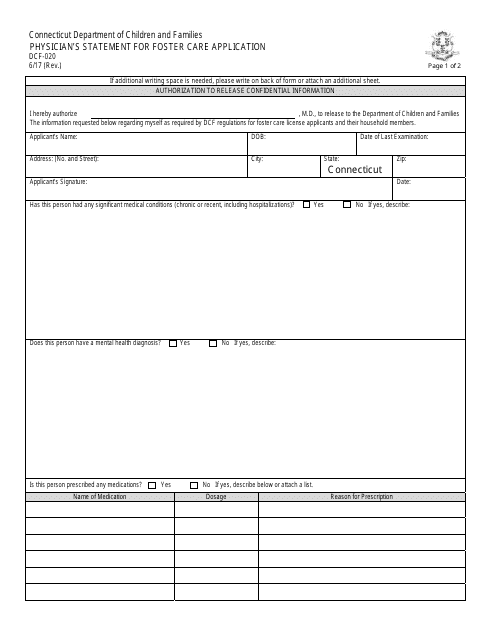 Form DCF-020 Physician's Statement for Foster Care Application - Connecticut