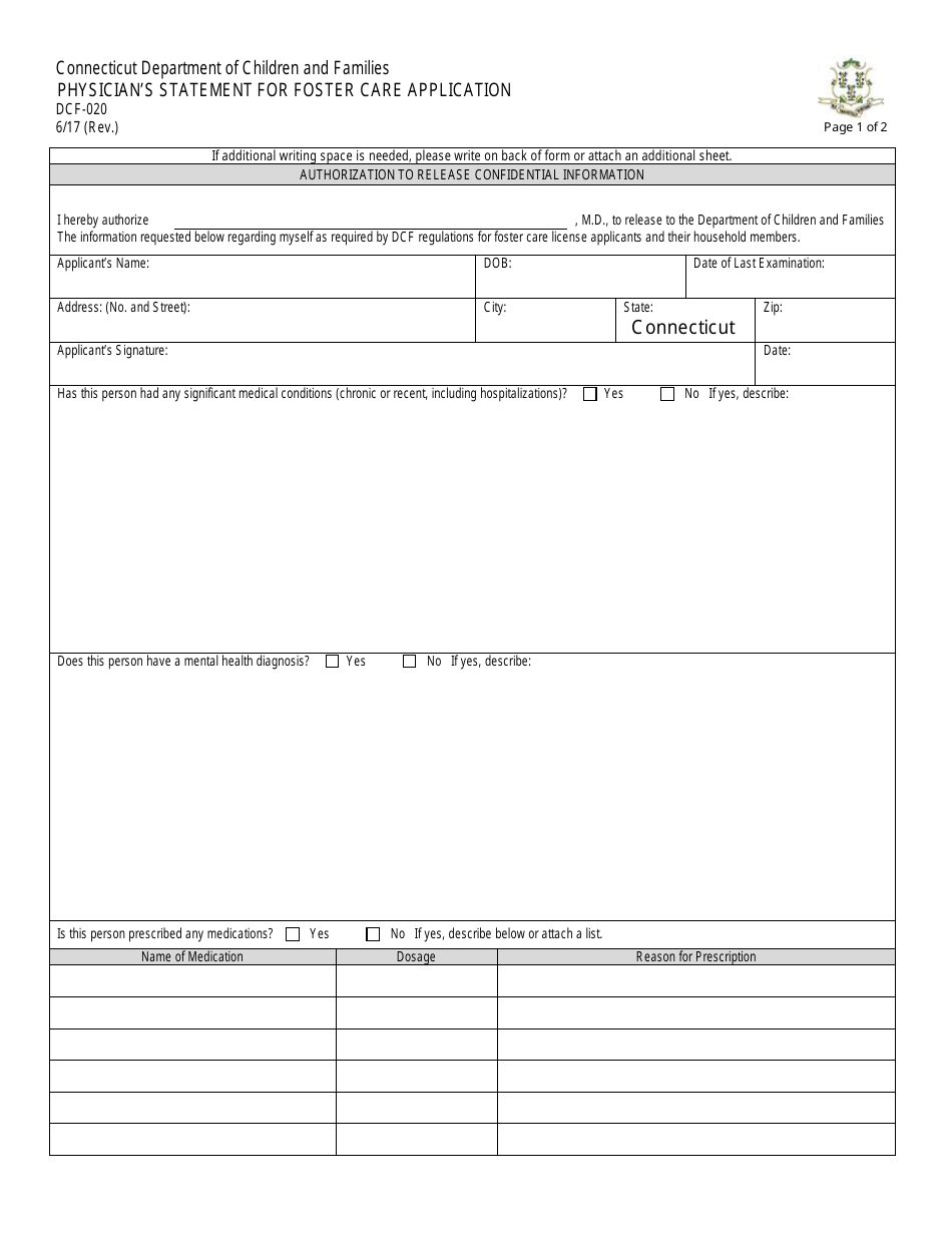 Form DCF-020 Physicians Statement for Foster Care Application - Connecticut, Page 1