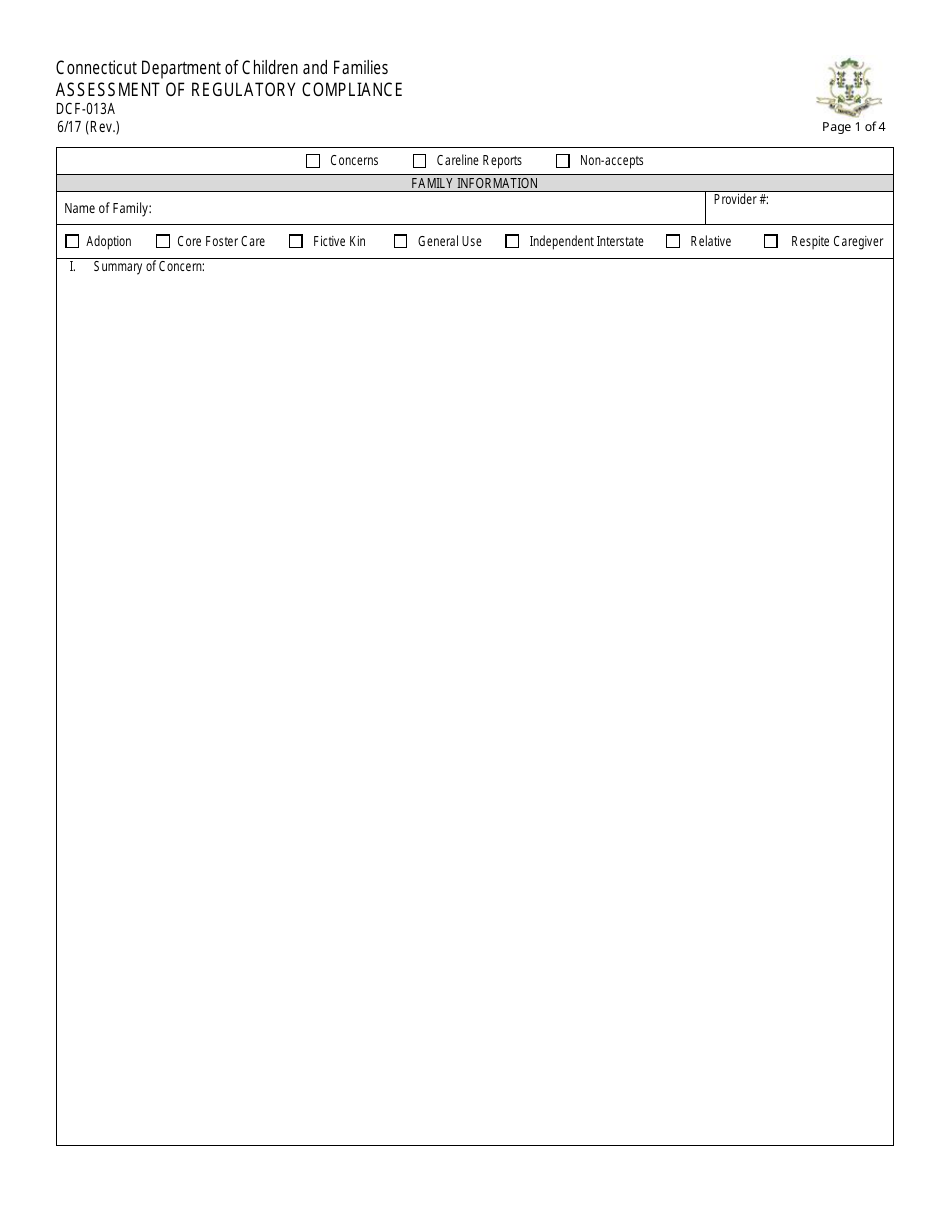 Form DCF-013A Assessment of Regulatory Compliance - Connecticut, Page 1