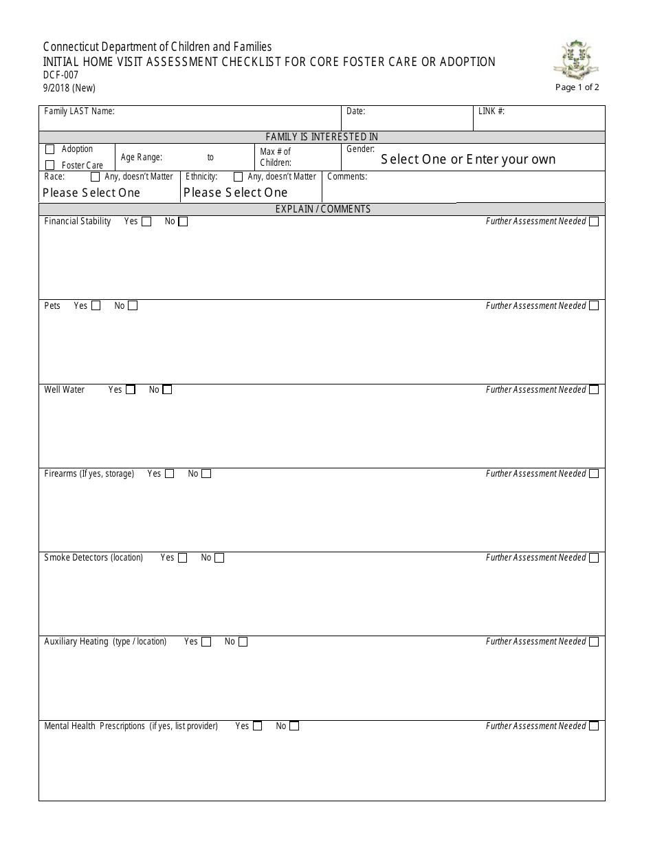 Form DCF-007 Initial Home Visit Assessment Checklist for Core Foster Care or Adoption - Connecticut, Page 1