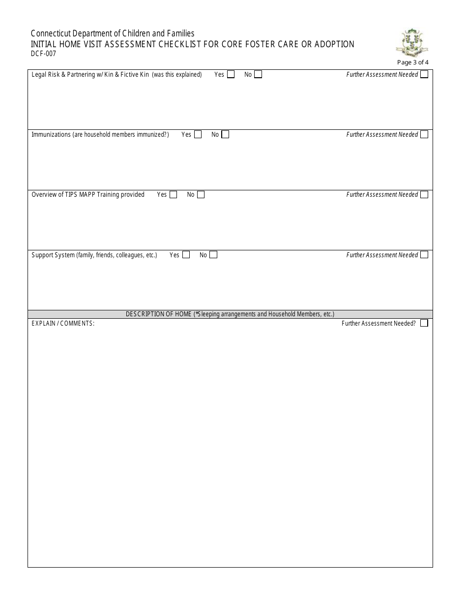 Form DCF-007 Initial Home Visit Assessment Checklist for Core Foster Care or Adoption - Connecticut, Page 3