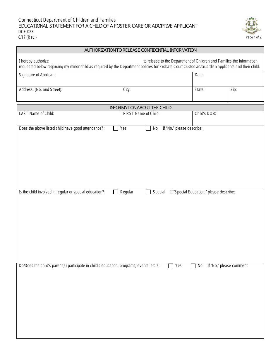 Form DCF-023 Educational Statement for a Child of a Foster Care or Adoptive Applicant - Connecticut, Page 1