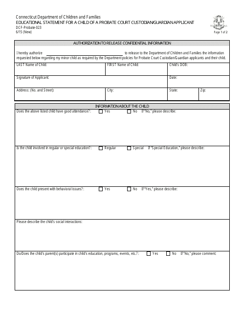 Form DCF-Probate-023 Educational Statement for a Child of a Probate Court Custodian/Guardian Applicant - Connecticut