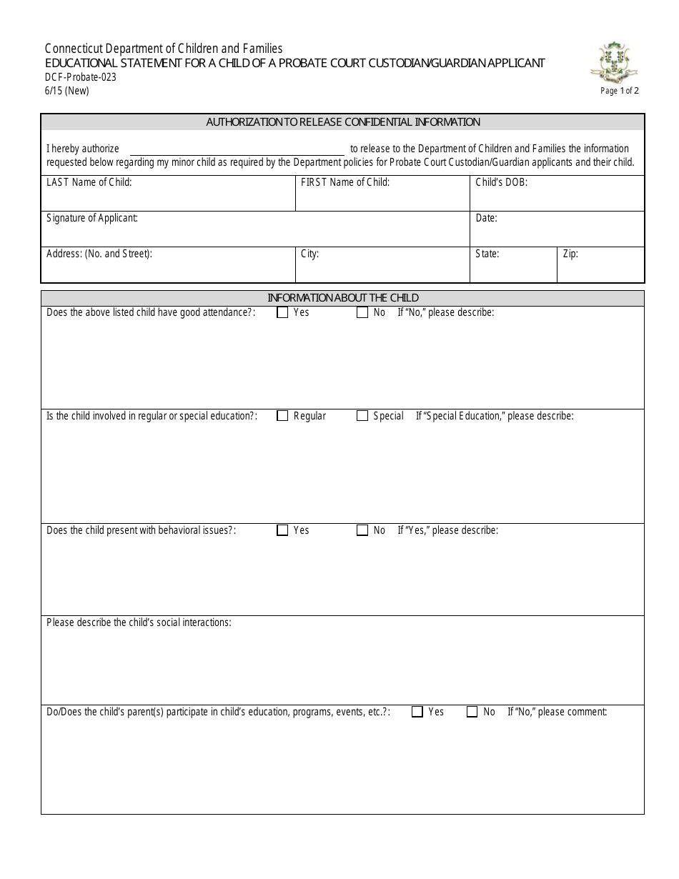 Form DCF-Probate-023 Educational Statement for a Child of a Probate Court Custodian / Guardian Applicant - Connecticut, Page 1
