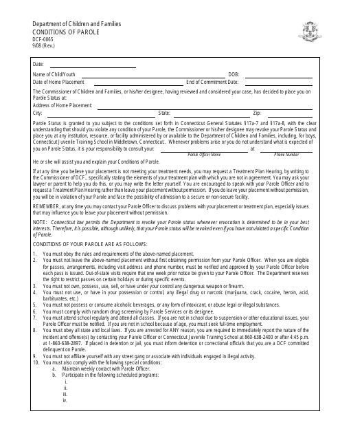 Form DCF-0065 Conditions of Parole - Connecticut