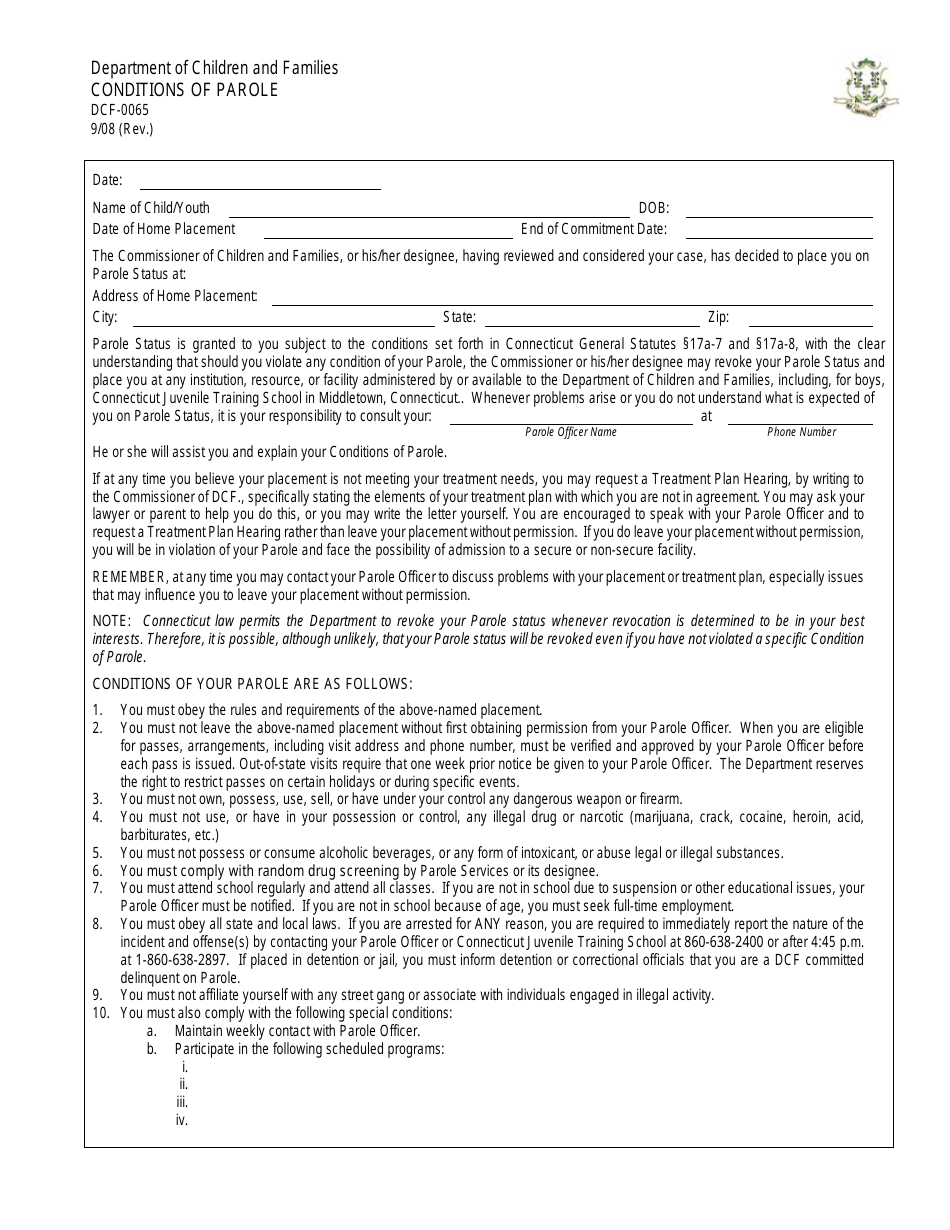 Form DCF-0065 Conditions of Parole - Connecticut, Page 1