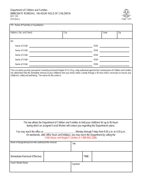 Form DCF-159 Immediate Removal / 96-hour Hold of Children - Connecticut