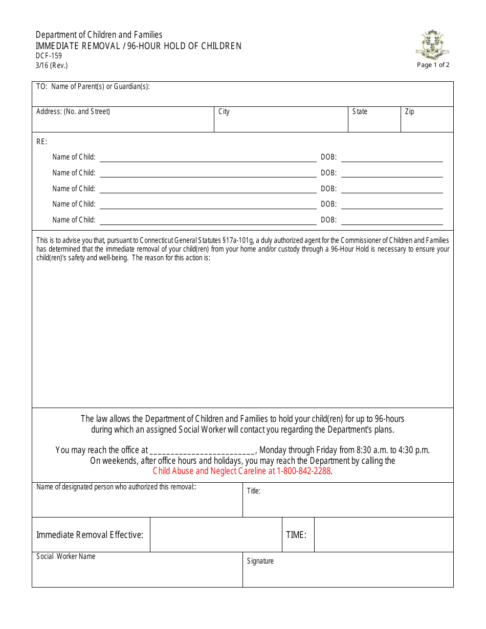 Form DCF-159 Immediate Removal / 96-hour Hold of Children - Connecticut, Page 1