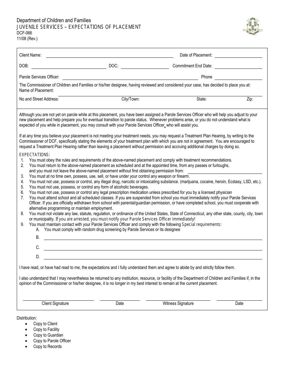 Form DCF-066 Juvenile Services - Expectations of Placement - Connecticut, Page 1