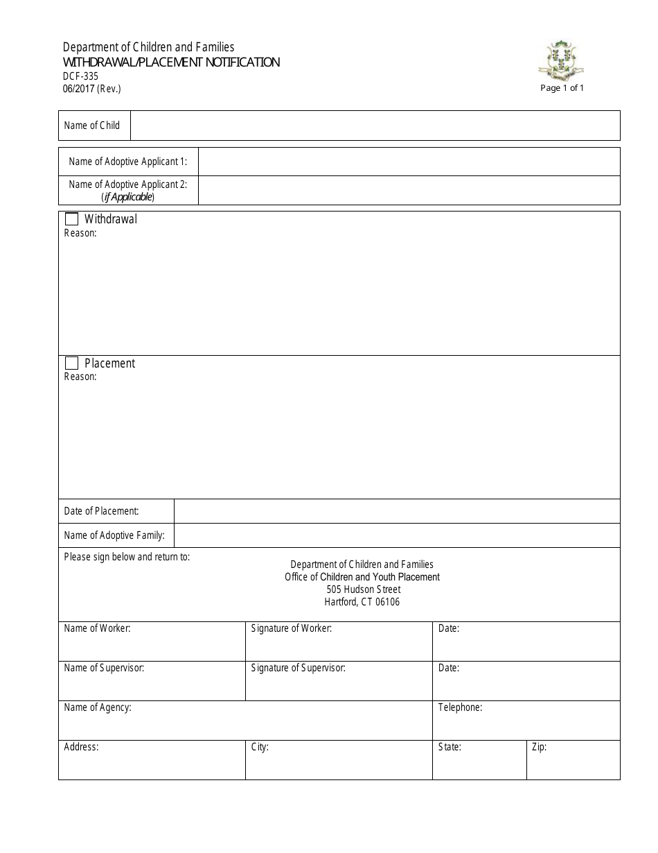 Form DCF-335 Withdrawal / Placement Notification - Connecticut, Page 1