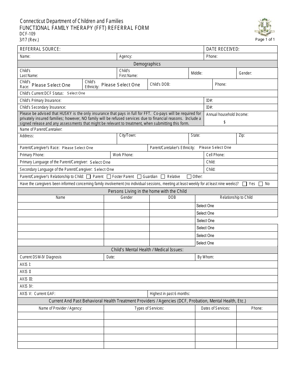 Form DCF-109 Functional Family Therapy (Fft) Referral Form - Connecticut, Page 1