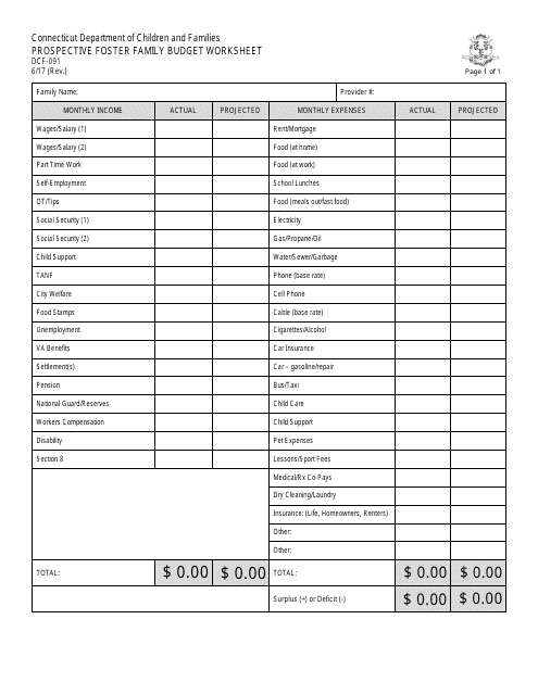 Form DCF-091 Prospective Foster Family Budget Worksheet - Connecticut