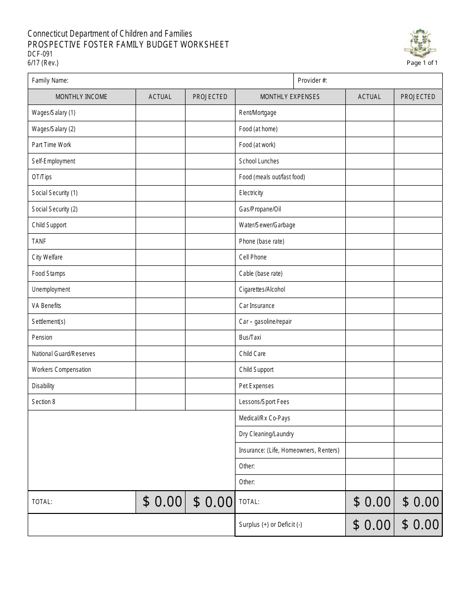 Form DCF-091 Prospective Foster Family Budget Worksheet - Connecticut, Page 1
