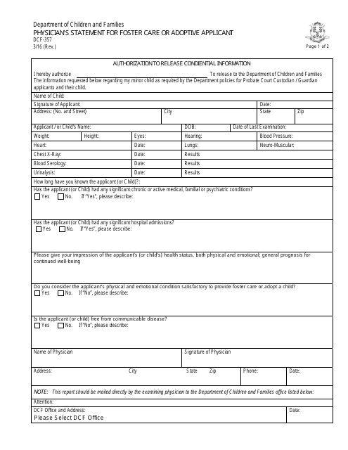 Form DCF-357 Physician's Statement for Foster Care or Adoptive Applicant - Connecticut