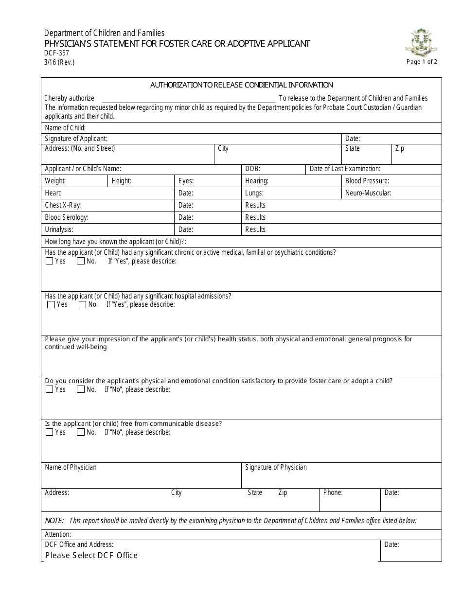 Form DCF-357 Physicians Statement for Foster Care or Adoptive Applicant - Connecticut, Page 1