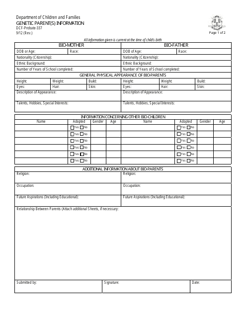 Form DCF-Probate-337 Genetic Parent(S) Information - Connecticut