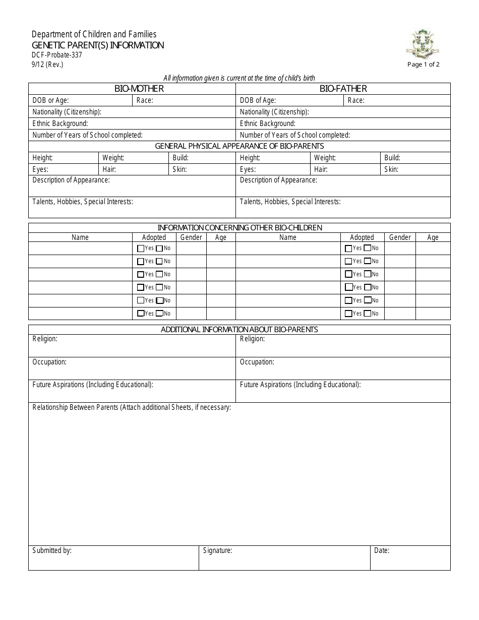 Form DCF-Probate-337 Genetic Parent(S) Information - Connecticut, Page 1