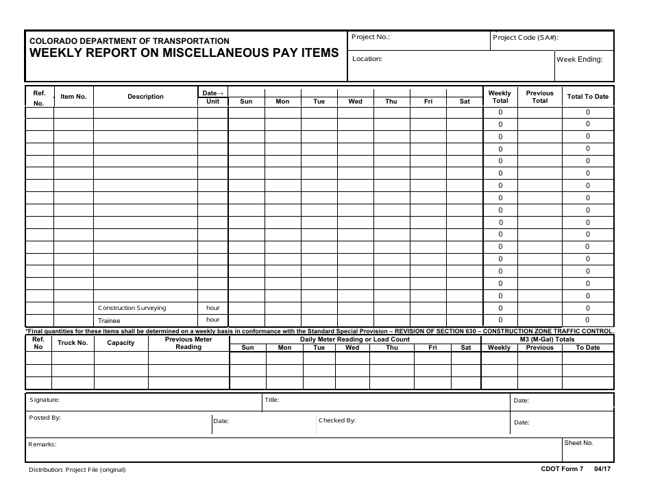 CDOT Form 7 Weekly Report on Miscellaneous Pay Items - Colorado, Page 1