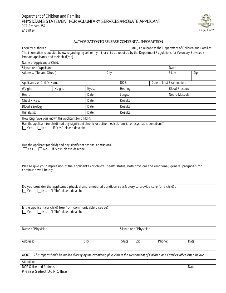 Form DCF-Probate-357 Physician's Statement for Voluntary Services/Probate Applicant - Connecticut, Page 1
