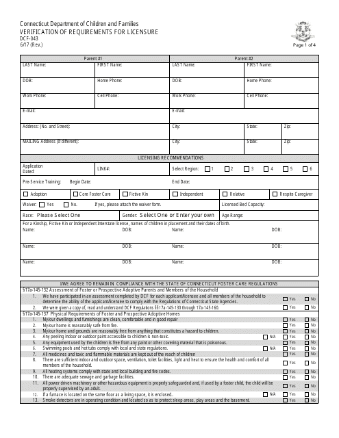 Form DCF-043 Verification of Requirements for Licensure - Connecticut