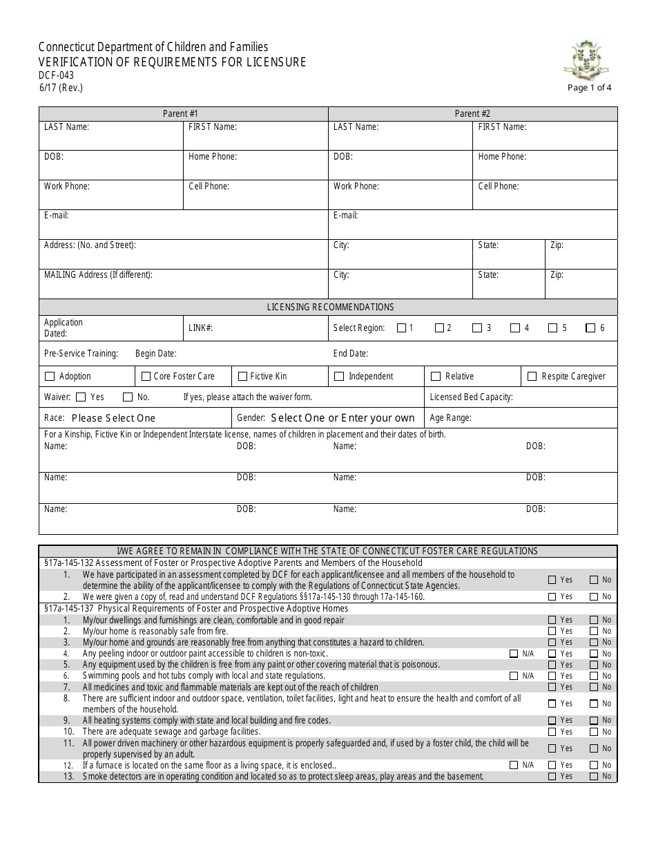 Form DCF-043 Verification of Requirements for Licensure - Connecticut, Page 1