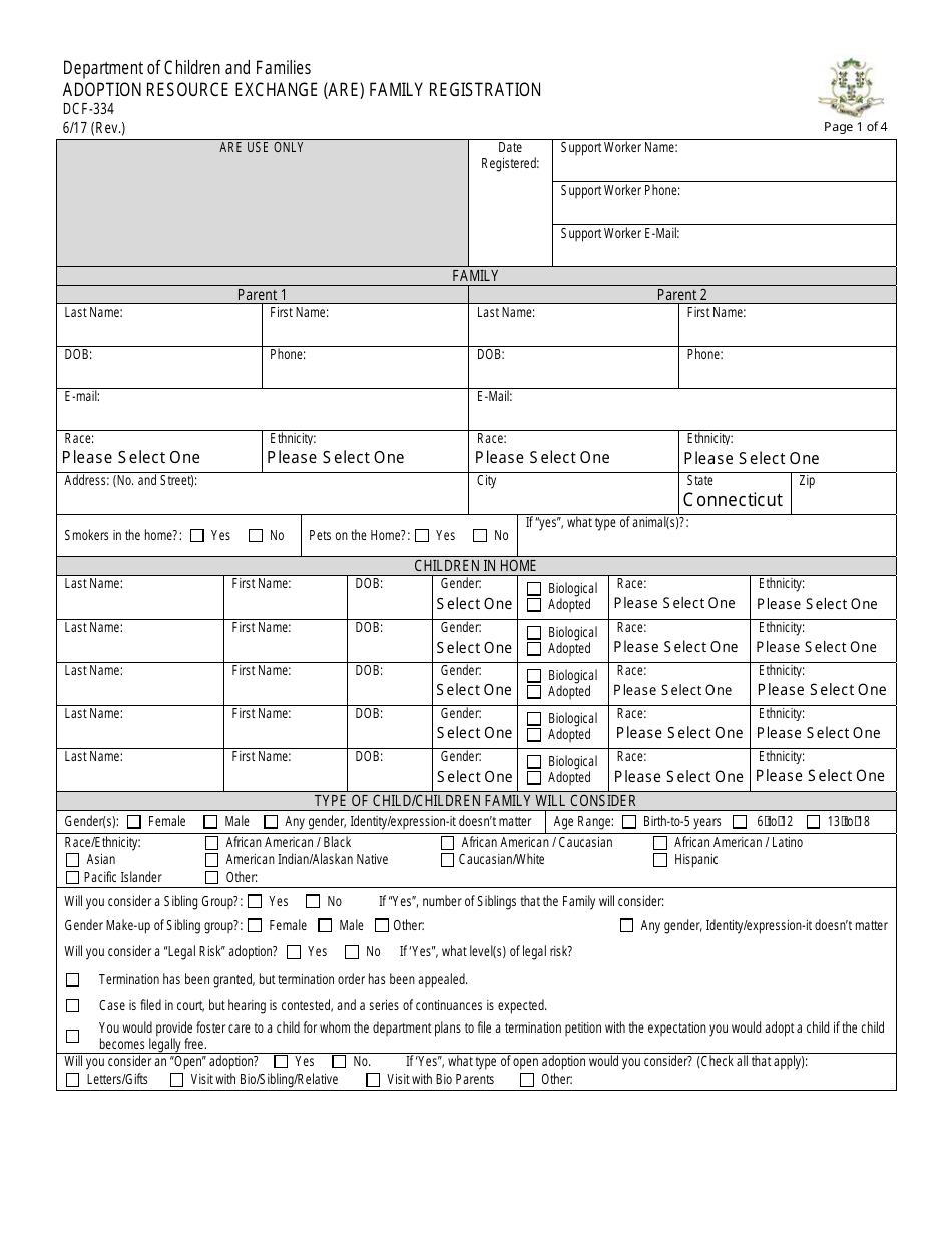 Form DCF-334 Adoption Resource Exchange (Are) Family Registration - Connecticut, Page 1