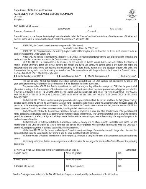 Form DCF-421 Agreement for Placement Before Adoption - Connecticut