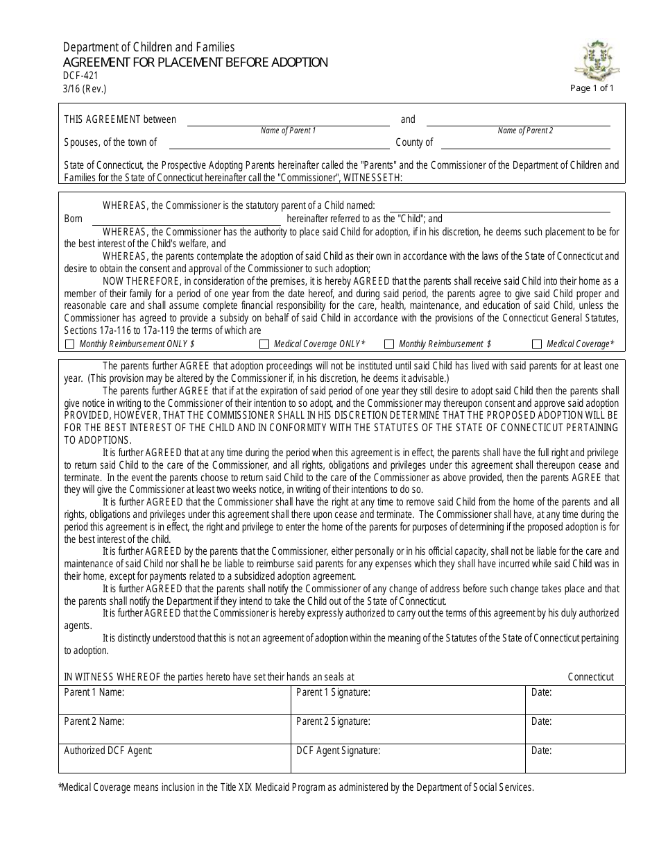 Form DCF-421 Agreement for Placement Before Adoption - Connecticut, Page 1