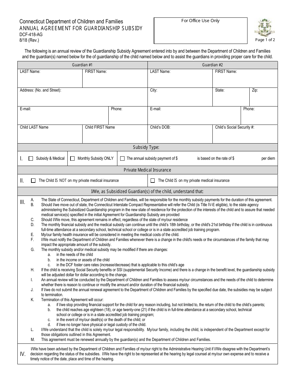 Form DCF-418-AG Annual Agreement for Guardianship Subsidy - Connecticut, Page 1