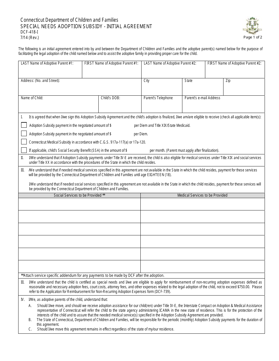 Form DCF-418-I Special Needs Adoption Subsidy - Initial Agreement - Connecticut, Page 1