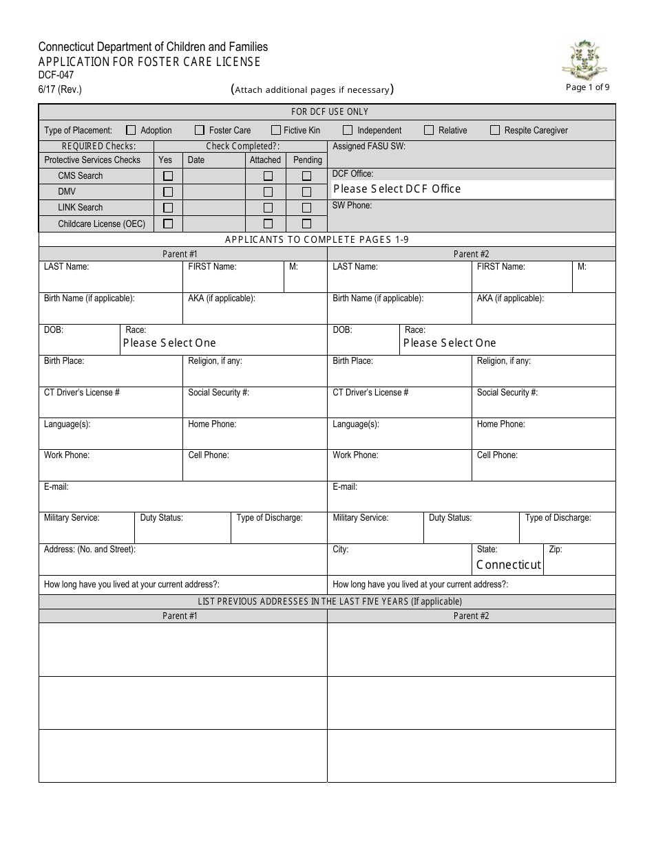 Form DCF-047 Application for Foster Care License - Connecticut, Page 1
