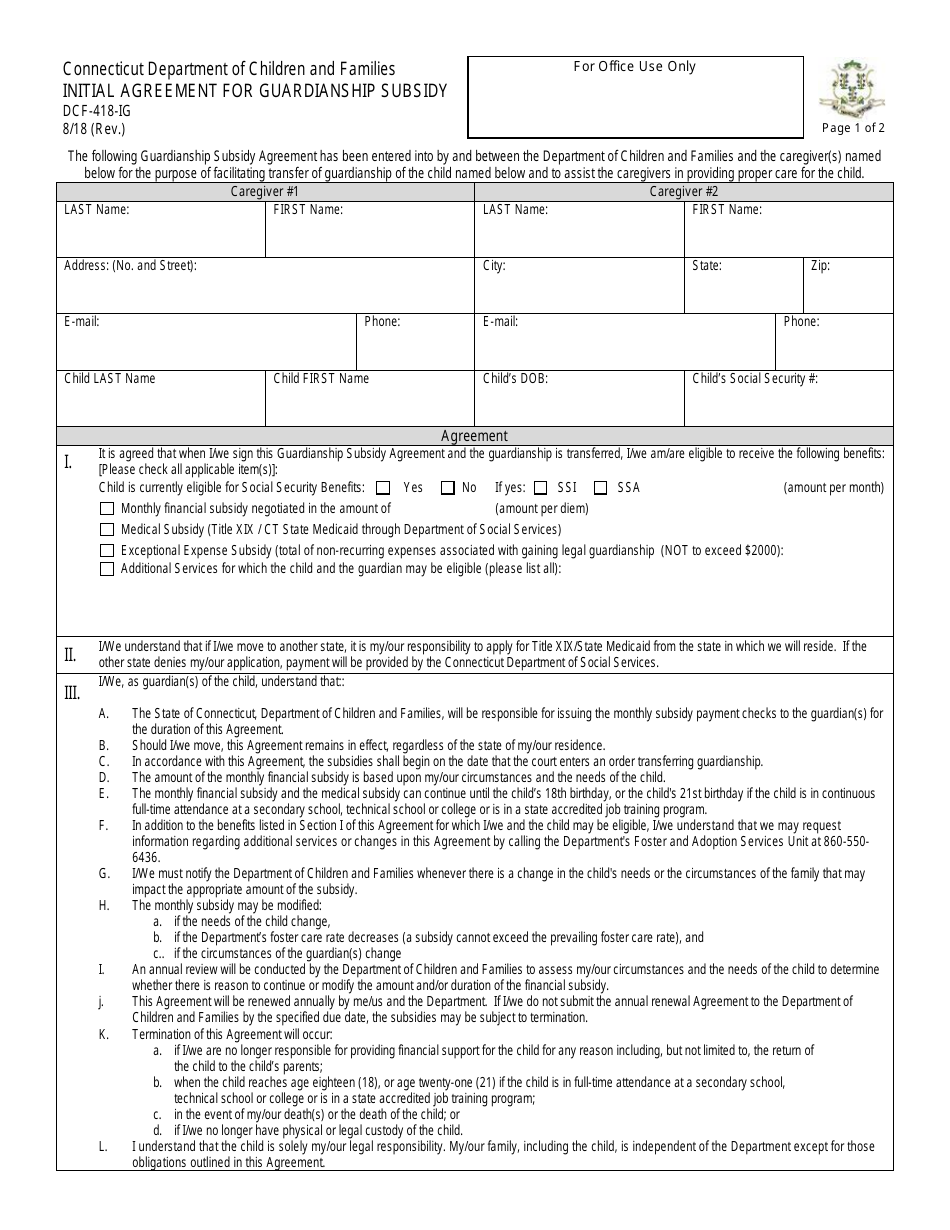 Form DCF-418-IG Initial Agreement for Guardianship Subsidy - Connecticut, Page 1